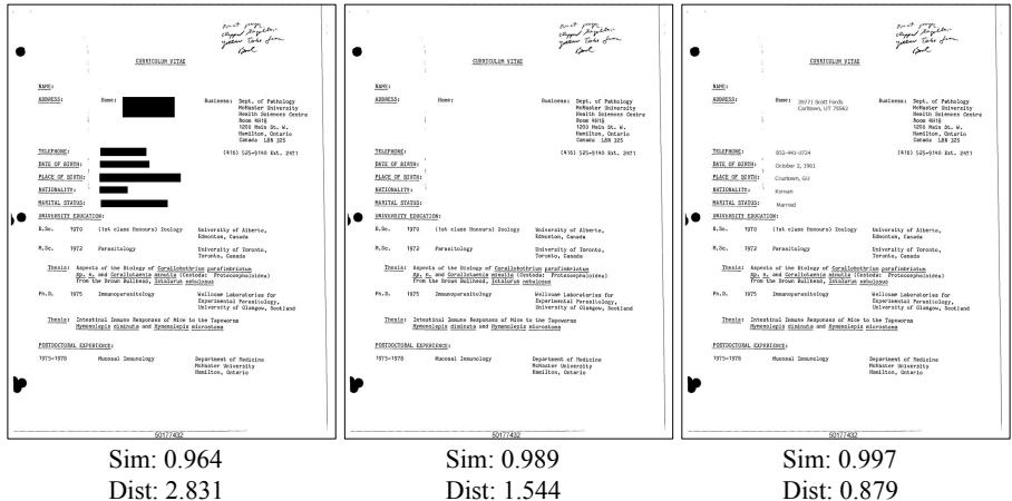 图 8: 不同涂黑方法的比较。使用黑色涂黑敏感个人数据 (左) 通常会导致涂黑后的图像在图像嵌入空间方面与原始文档图像 (未显示) 的差异，大于白色涂黑 (中) 和合成替换涂黑 (右) 。