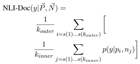 用于给文章评分的文档级 NLI 分数的数学公式。
