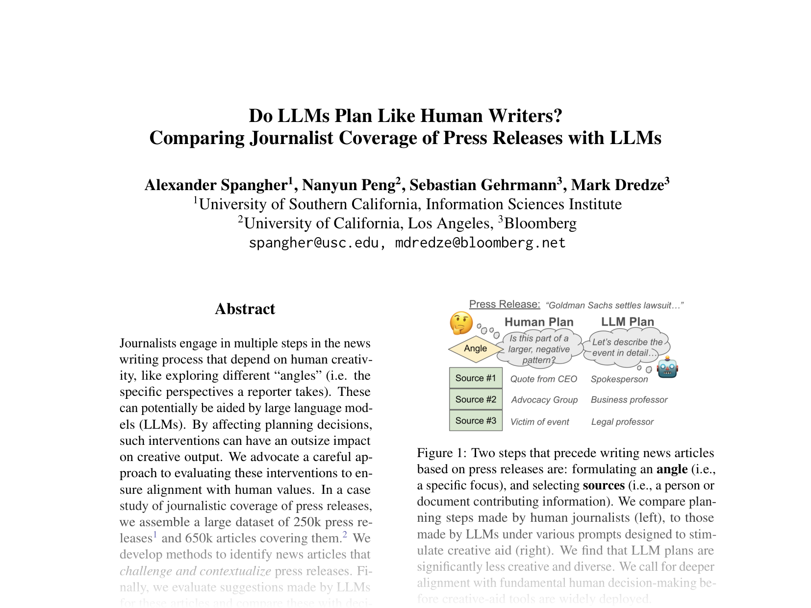 [Do LLMs Plan Like Human Writers? Comparing Journalist Coverage of Press Releases with LLMs 🔗](https://aclanthology.org/2024.emnlp-main.1216.pdf)