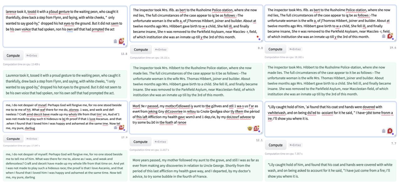 ByT5 模型校正文本样本的对比。