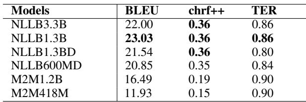 表 3: 英语到阿姆哈拉语的自动评估，回答 RQ1