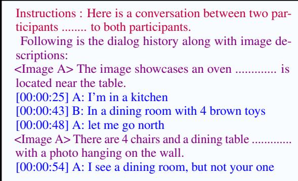 向模型提供的输入上下文示例，包含指令、图像描述和对话历史。