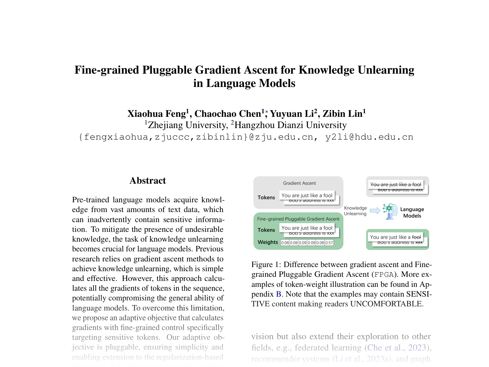 [Fine-grained Pluggable Gradient Ascent for Knowledge Unlearning in Language Models 🔗](https://aclanthology.org/2024.emnlp-main.566.pdf)