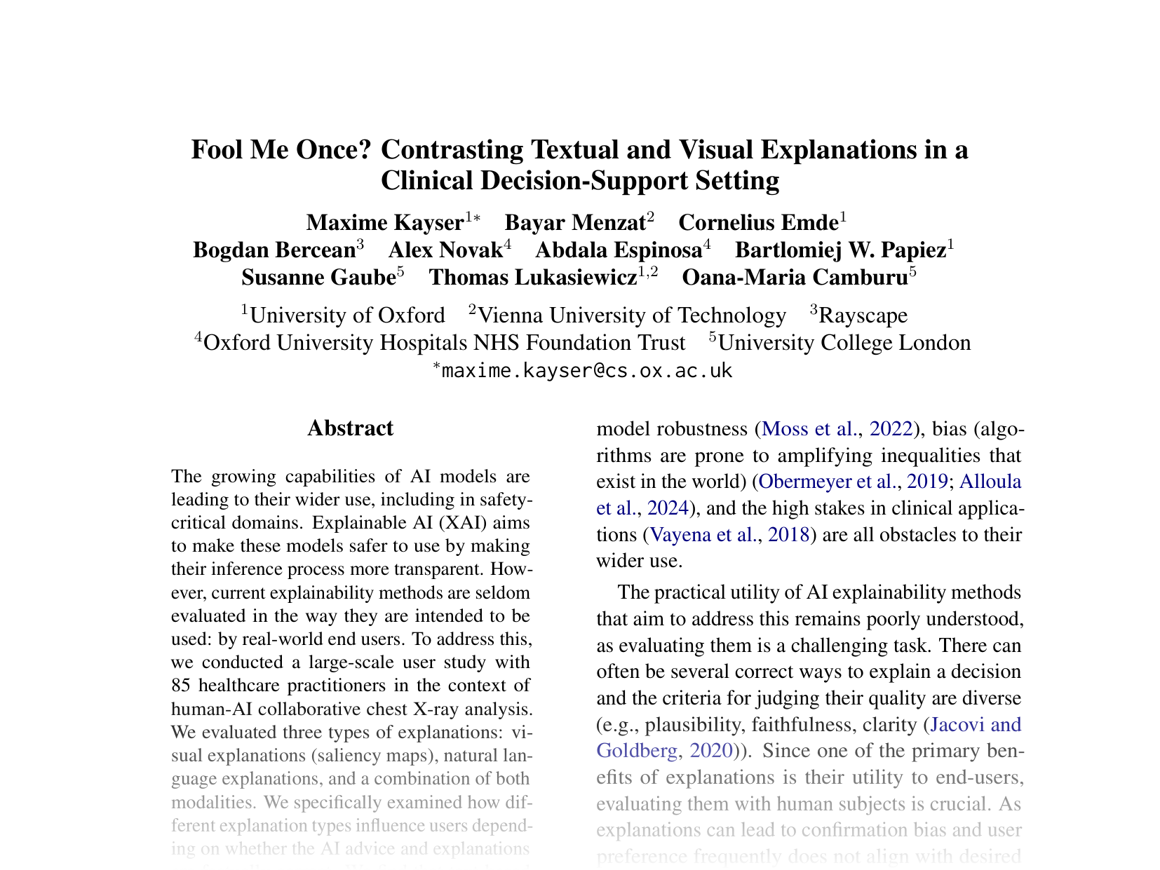 [Fool Me Once? Contrasting Textual and Visual Explanations in a Clinical Decision-Support Setting 🔗](https://aclanthology.org/2024.emnlp-main.1051.pdf)