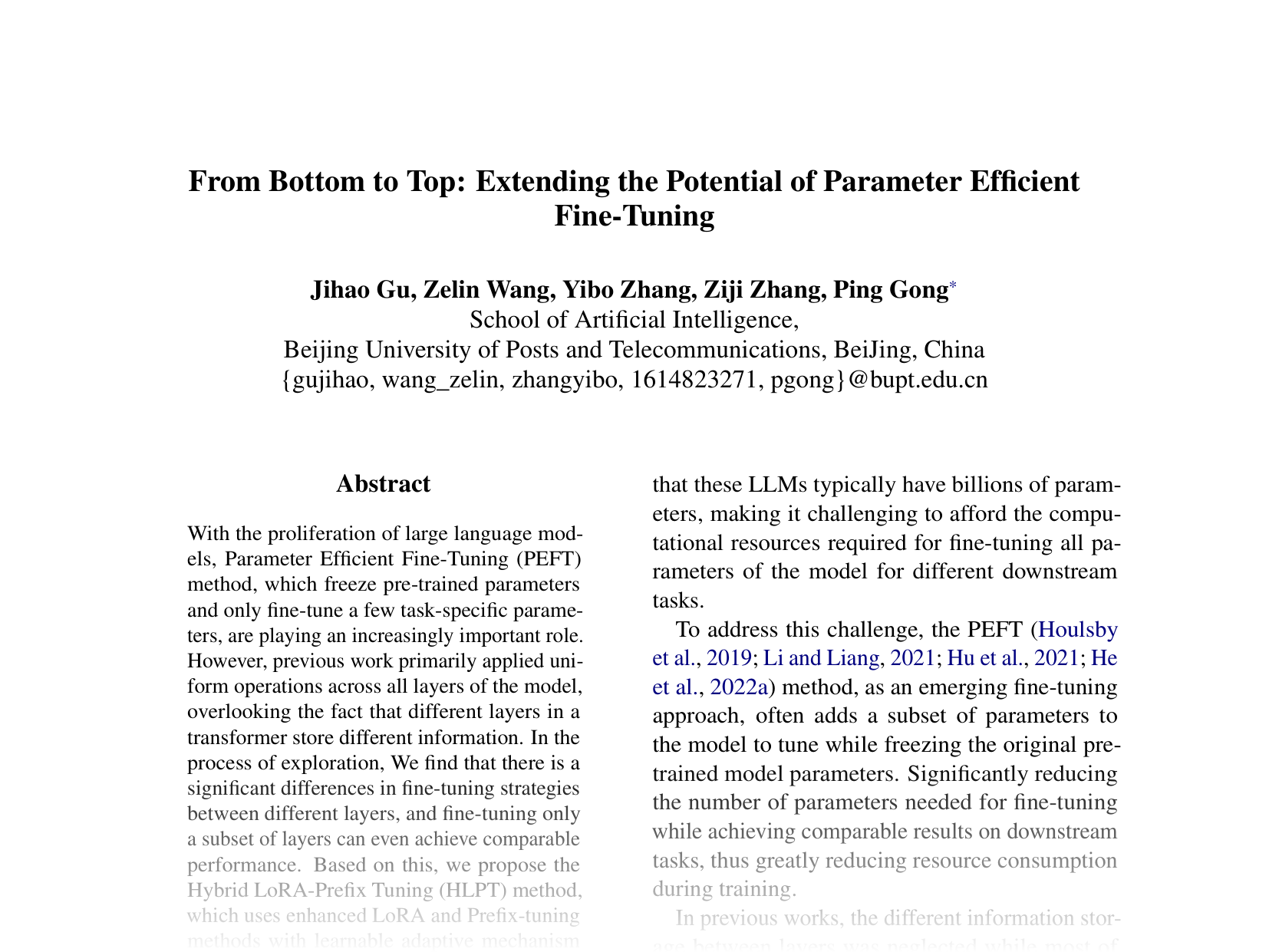 [From Bottom to Top: Extending the Potential of Parameter Efficient Fine-Tuning 🔗](https://aclanthology.org/2024.emnlp-main.204.pdf)