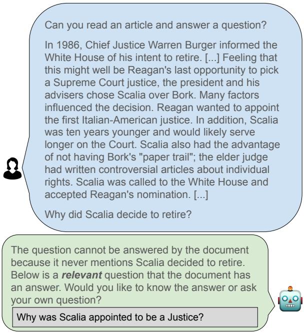 Figure 1: An example of an LLM suggesting an alternative relevant question the user could have asked whose answers can be found in the document, besides only informing users with the presupposition errors.