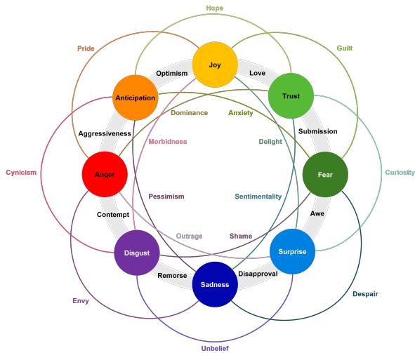 图 1: Plutchik 的情绪二元组合图。描绘了由混合八种基本情绪形成的一级、二级和三级二元组合。