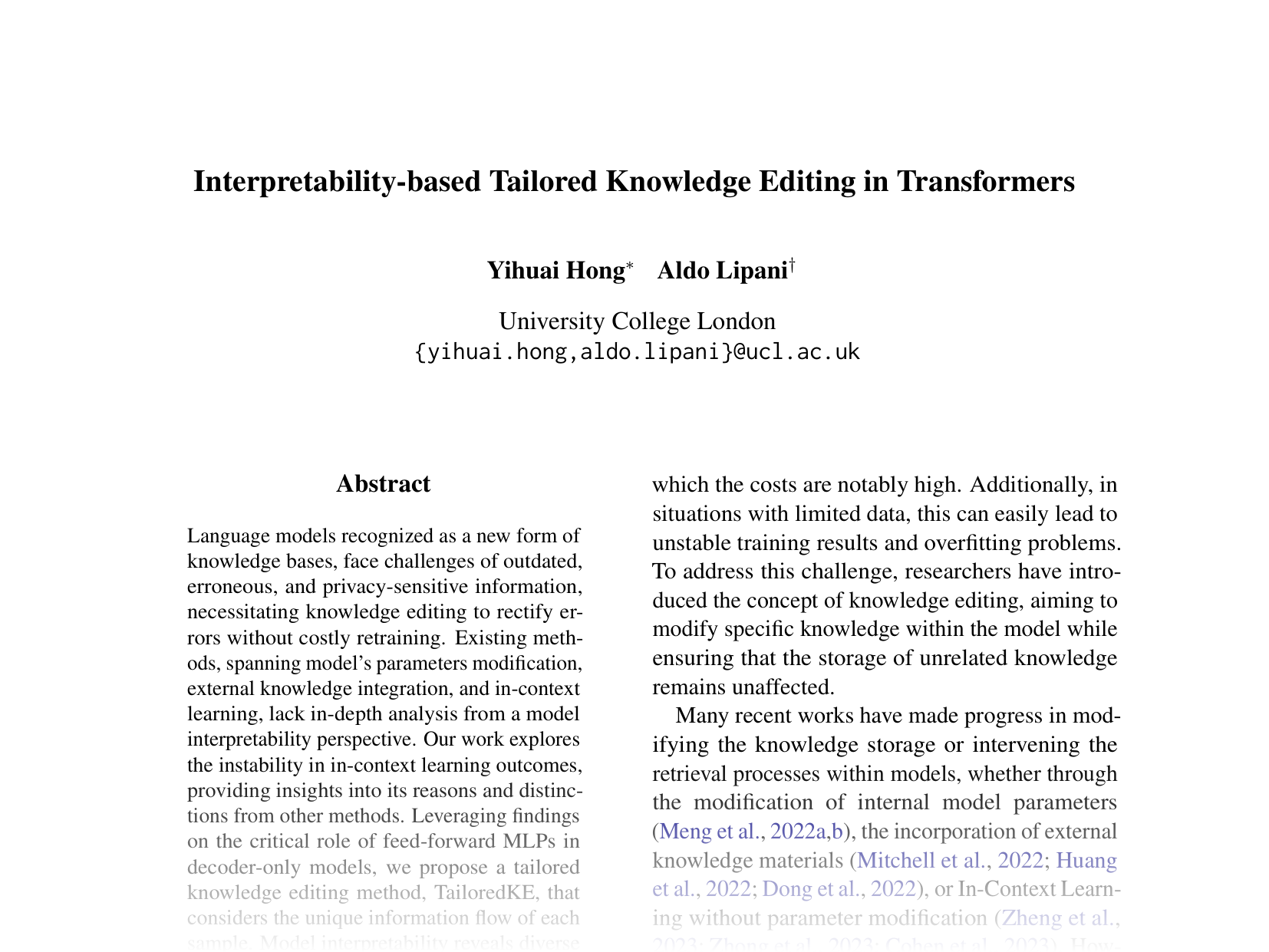 [Interpretability-based Tailored Knowledge Editing in Transformers 🔗](https://aclanthology.org/2024.emnlp-main.225.pdf)
