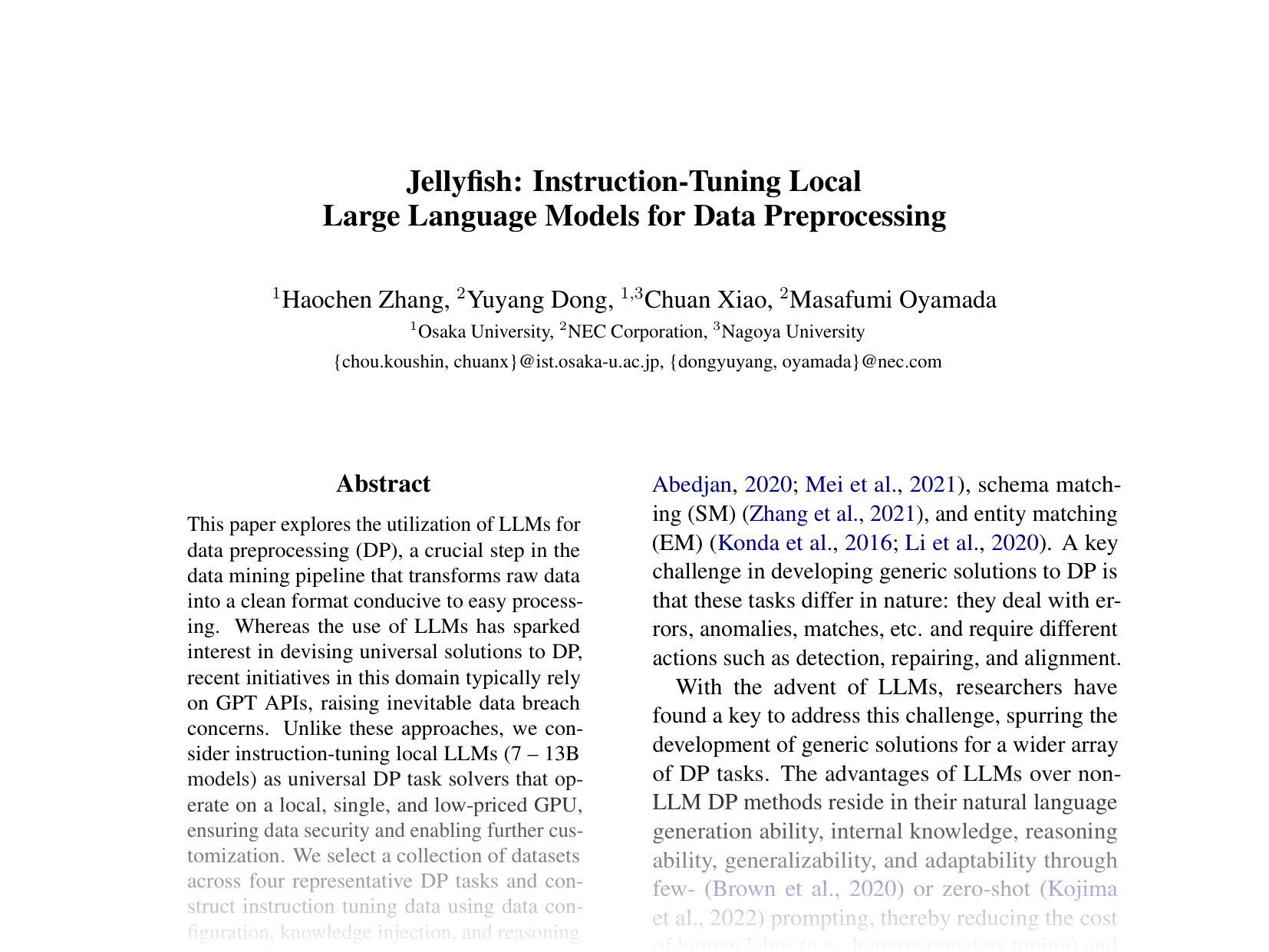[Jellyfish: Instruction-Tuning Local Large Language Models for Data Preprocessing 🔗](https://aclanthology.org/2024.emnlp-main.497.pdf)
