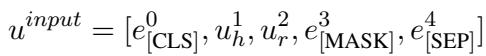 Equation showing the input sequence construction with CLS, Head, Relation, Mask, and SEP.