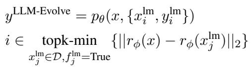 公式 5: LLM-Evolve 推理公式。它显示模型使用从记忆库 D 中检索到的演示，这些演示基于与当前输入 x 的最小距离 (最高相似度) 被选中。