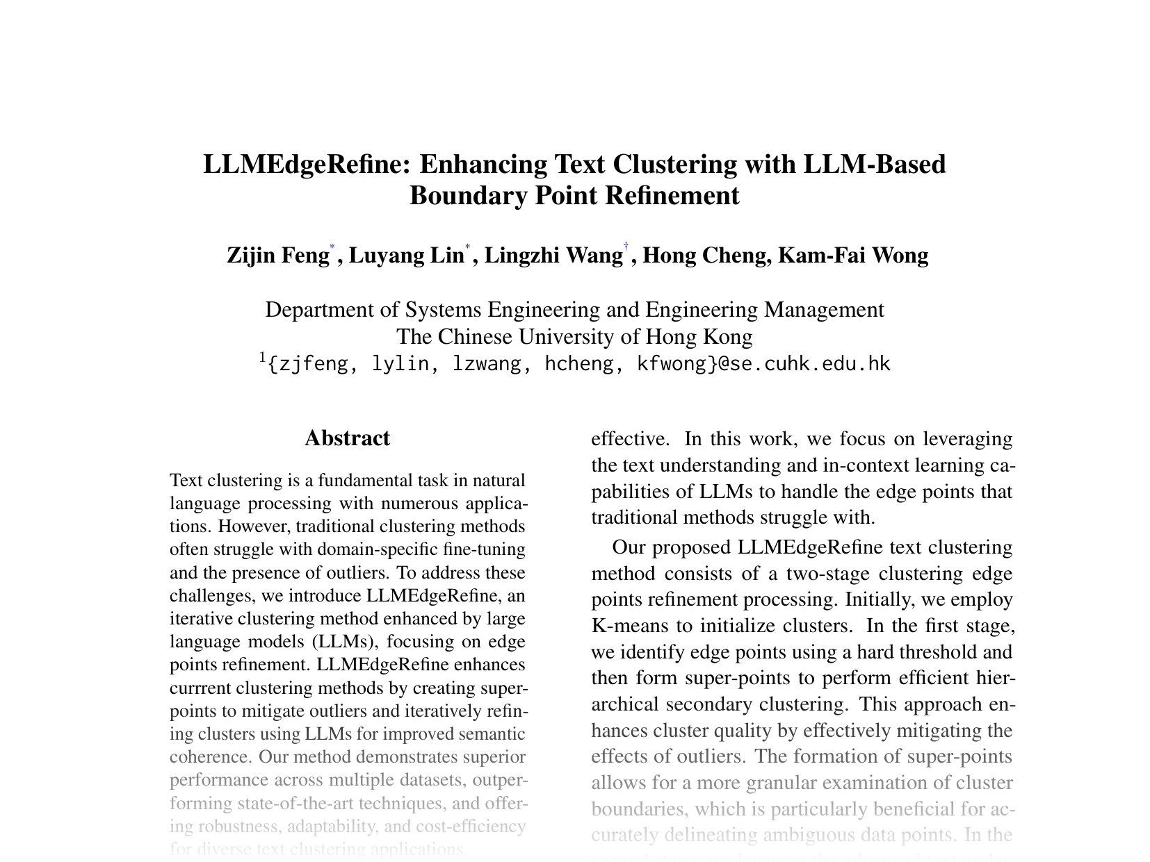 [LLMEdgeRefine: Enhancing Text Clustering with LLM-Based Boundary Point Refinement 🔗](https://aclanthology.org/2024.emnlp-main.1025.pdf)