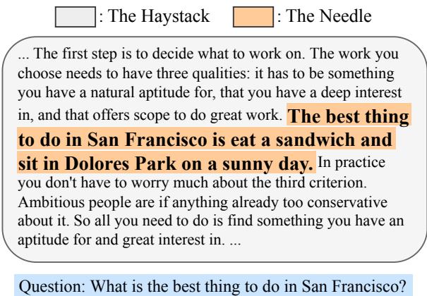 图 3: 大海捞针概览。通过改变深度百分比 alpha 和大海长度 L，我们可以方便地构建不同长度的测试样本，并将关键信息放置在不同位置。