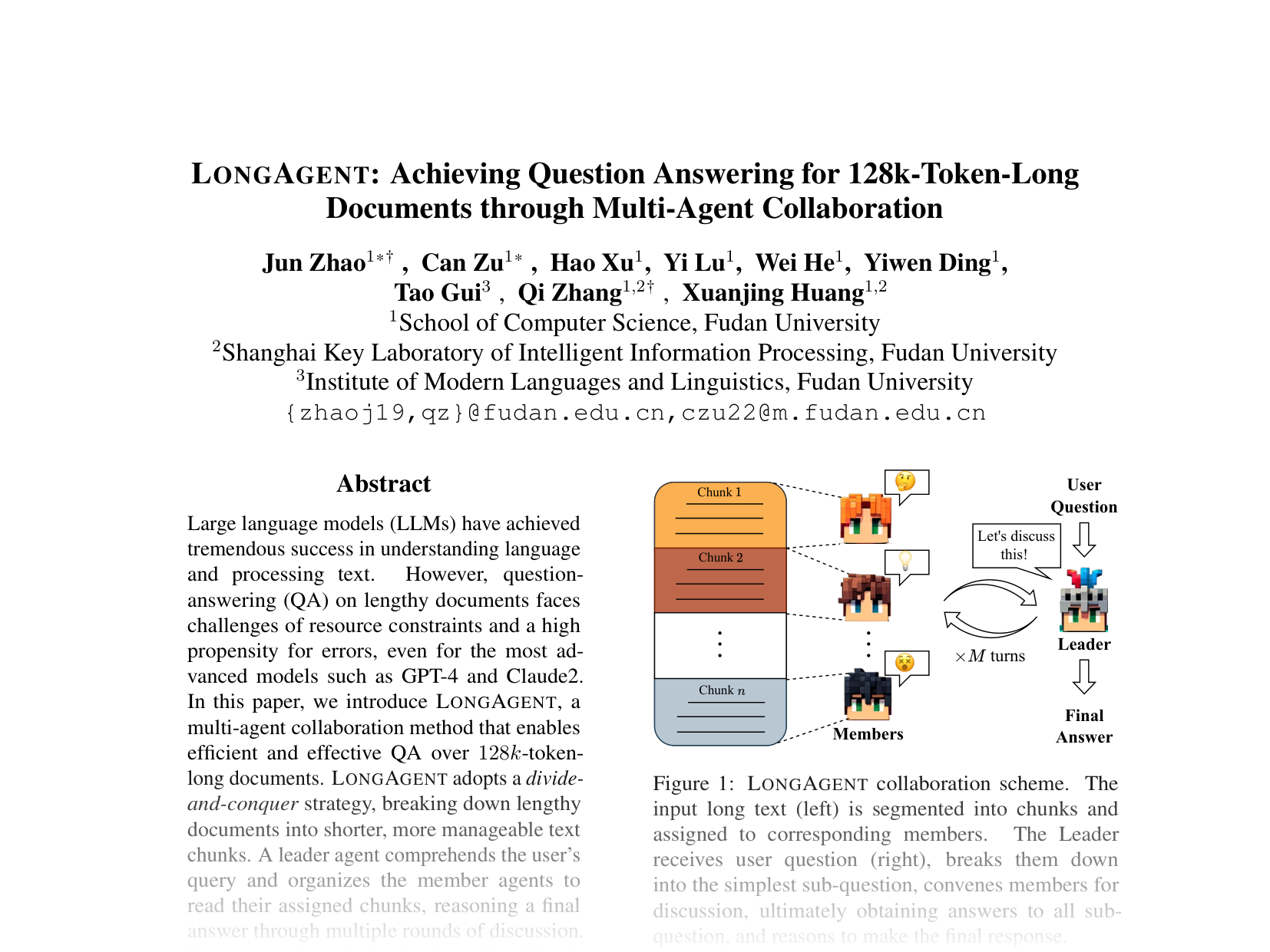 [LONGAGENT: Achieving Question Answering for 128k-Token-Long Documents through Multi-Agent Collaboration 🔗](https://aclanthology.org/2024.emnlp-main.912.pdf)
