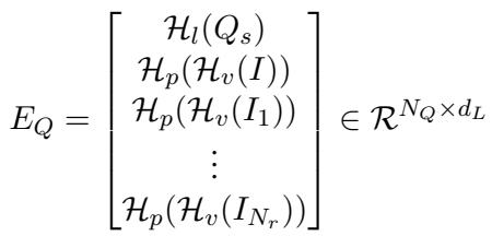 方程 1: 查询嵌入 E_Q 是文本编码和多个视觉编码 (全局图像加上特定感兴趣区域) 的拼接。