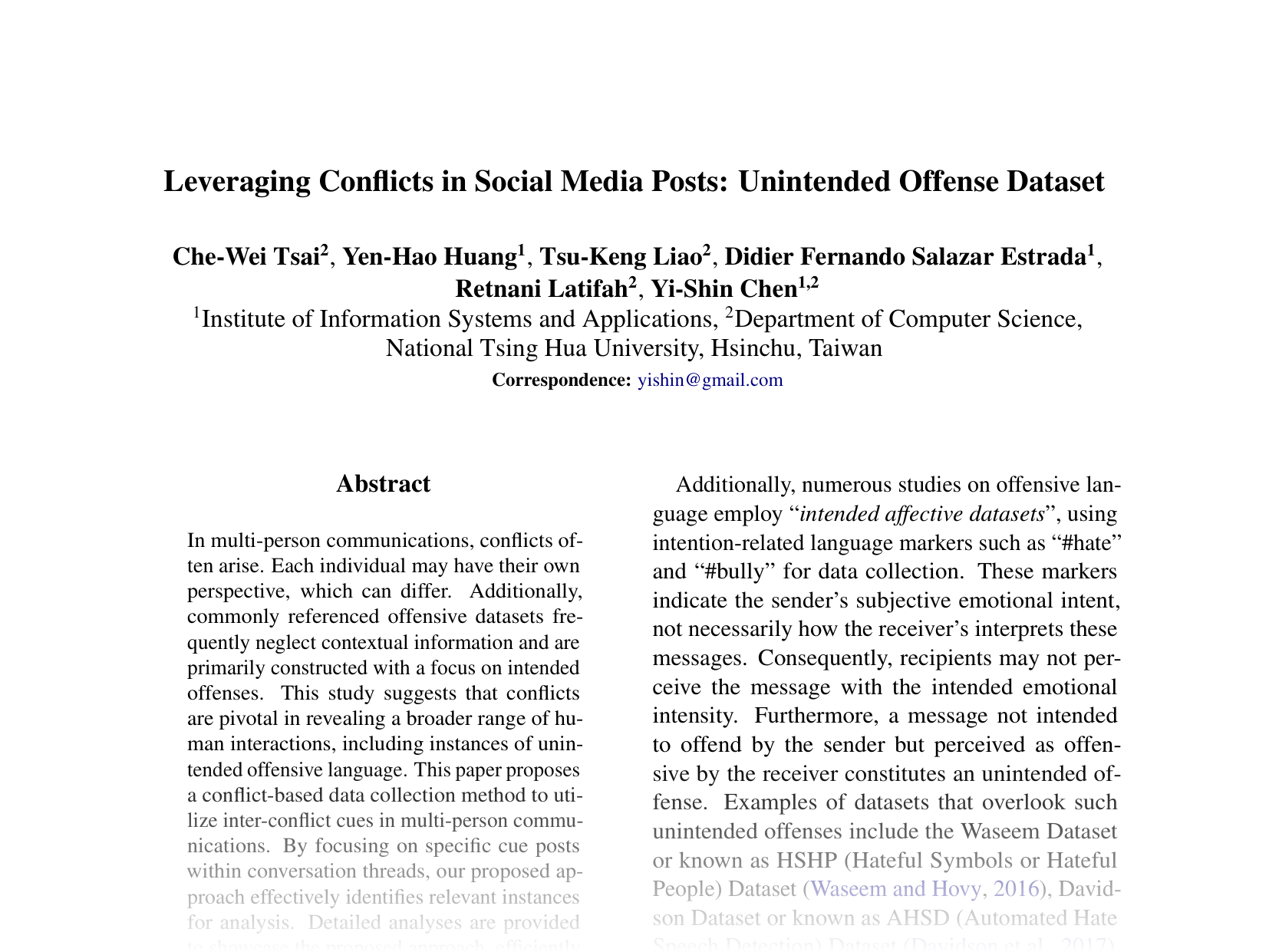 [Leveraging Conflicts in Social Media Posts: Unintended Offense Dataset 🔗](https://aclanthology.org/2024.emnlp-main.259.pdf)