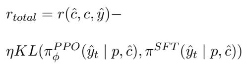 公式 2: 包含 KL 散度惩罚的总奖励函数。