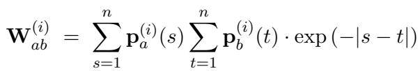 Equation for edge weights W based on positional distributions.