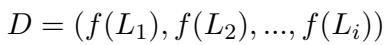 ]\nD = ( f ( L _ { 1 } ) , f ( L _ { 2 } ) , . . . , f ( L _ { i } ) )\n[