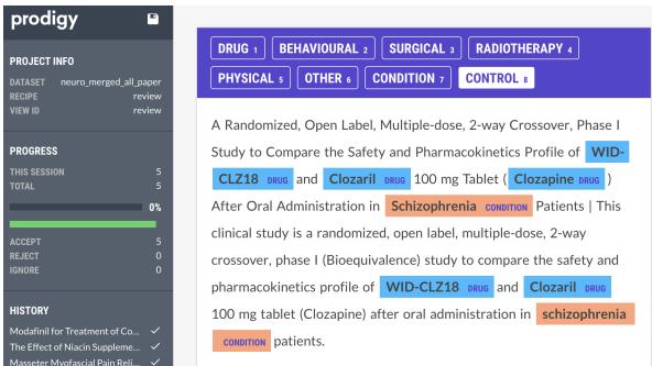 在标注工具 Prodigy 中显示的标注示例。蓝色标签表示已标注的药物 (DRUG) 实体，橙色标签表示病情 (CONDITION) 实体。