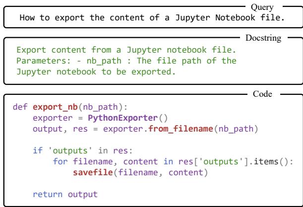 图 1: 代码片段及其对应的查询和文档字符串示例。