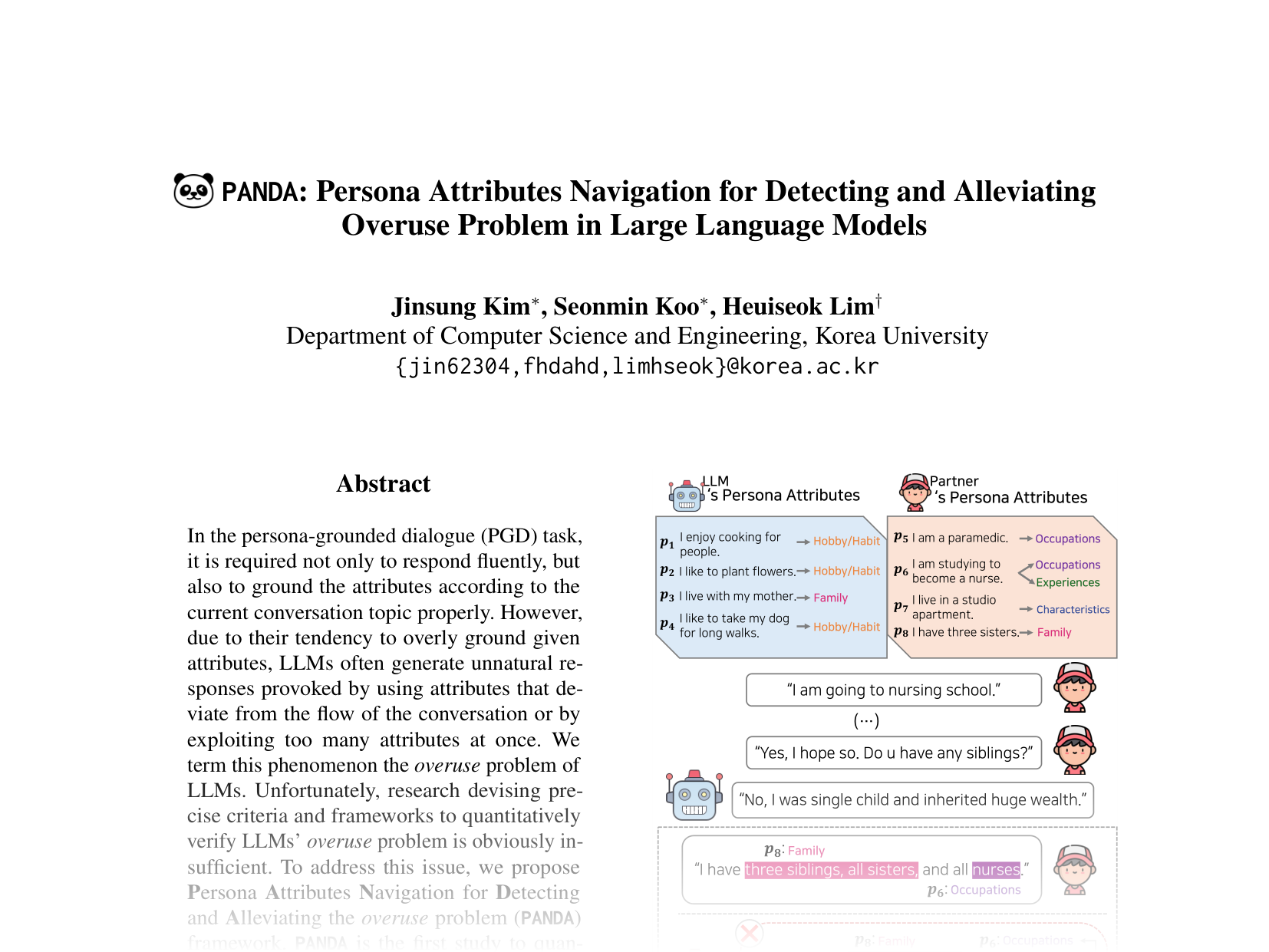 [PANDA: Persona Attributes Navigation for Detecting and Alleviating Overuse Problem in Large Language Models 🔗](https://aclanthology.org/2024.emnlp-main.670.pdf)