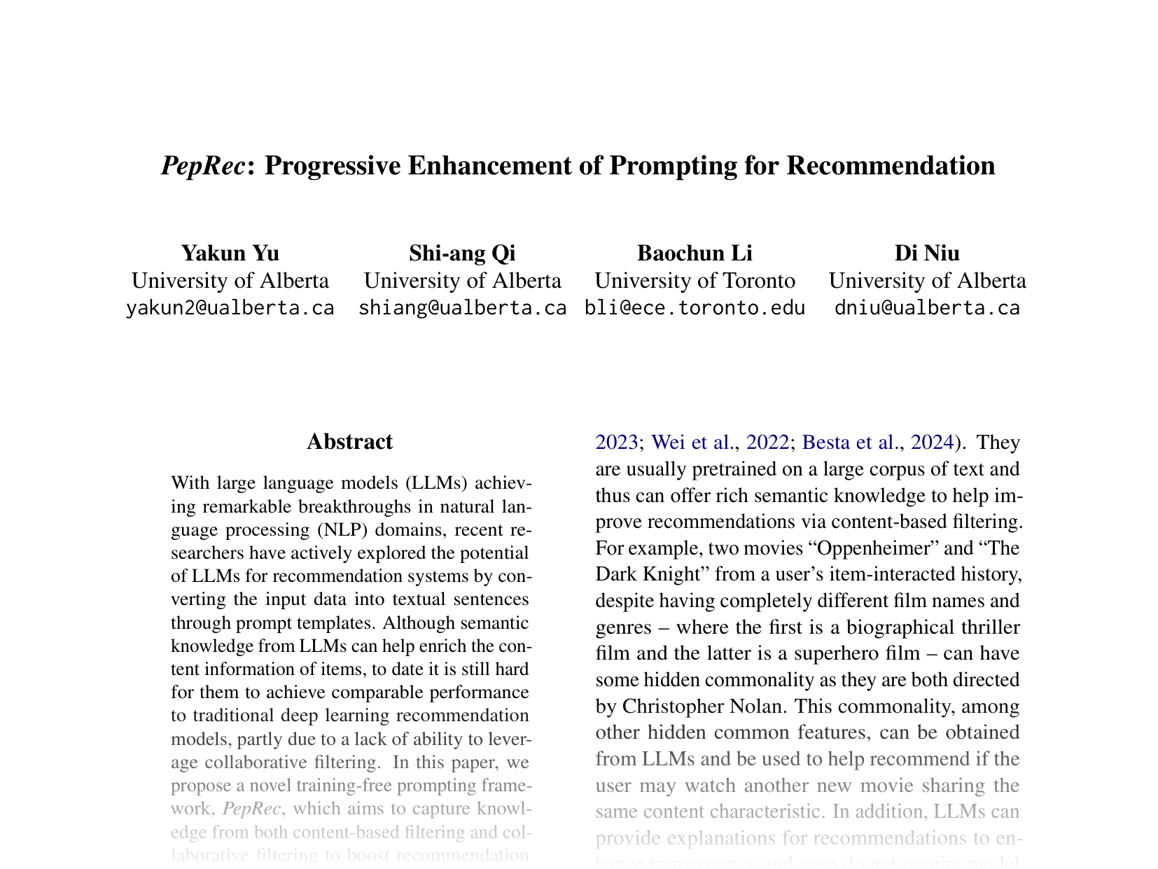 [PepRec: Progressive Enhancement of Prompting for Recommendation 🔗](https://aclanthology.org/2024.emnlp-main.995.pdf)