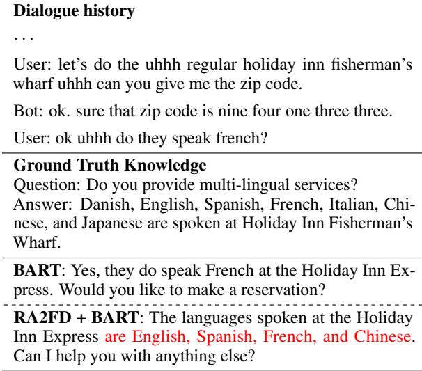 Table 7: Example output comparing BART, RAG, and RA2FD.