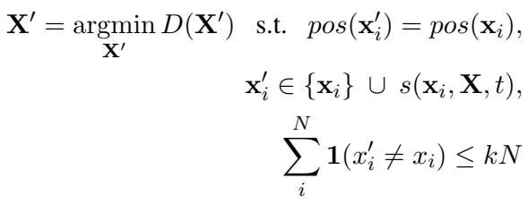 Equation describing the minimization of the detector score subject to POS and edit distance constraints.