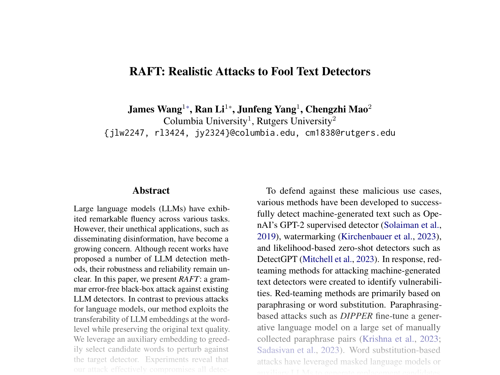 [RAFT: Realistic Attacks to Fool Text Detectors 🔗](https://aclanthology.org/2024.emnlp-main.939.pdf)
