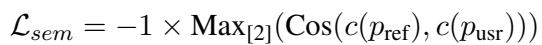 Equation 5: Semantic consistency loss using cosine similarity between prompt embeddings.