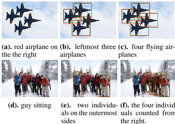 Figure 2: Example results of our method on the gRefCOCO dataset showing zero, multiple, and single targets.