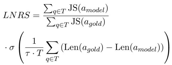 Equation for Length-Normalized Relative Score (LNRS), which applies a penalty based on the difference in length between the gold answer and the model&rsquo;s answer.