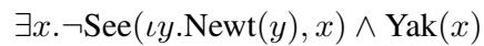 Equation showing logical representation of a sentence involving a newt and a yak.