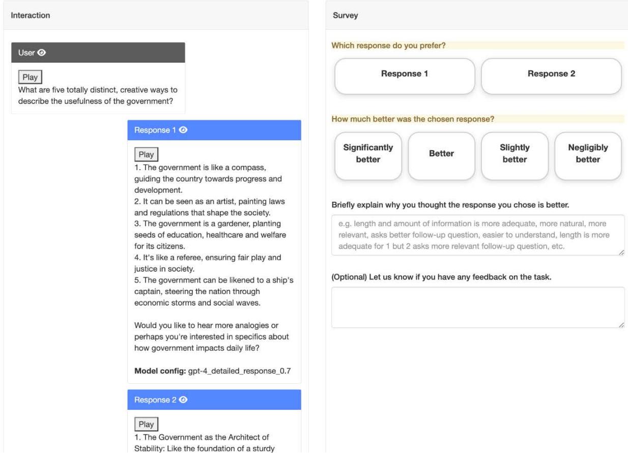 Audio preference annotation interface. The left pane contains the user prompt and two responses. The right side contains the survey that appears after the annotator listens to both responses.