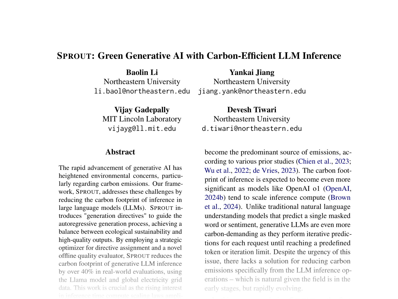 [SPROUT: Green Generative AI with Carbon-Efficient LLM Inference 🔗](https://aclanthology.org/2024.emnlp-main.1215.pdf)