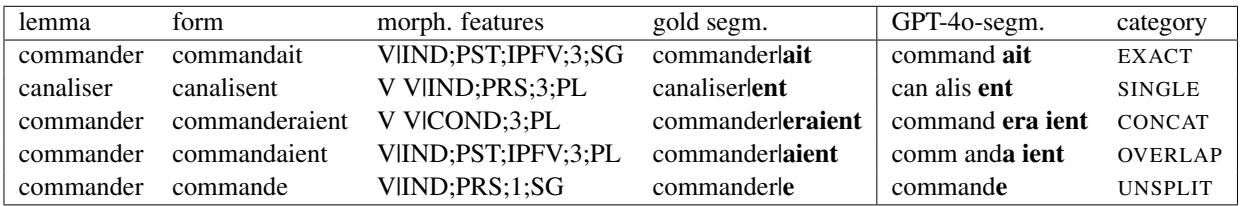 Table 2: Segmentation categories derived from MorphyNet for French verbs.