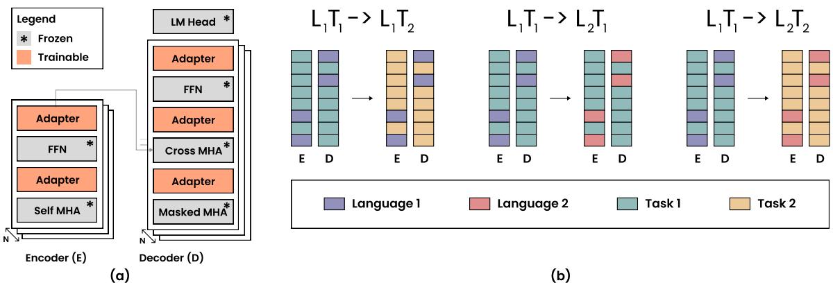Diagram showing the architecture of TLSA with adapter placement and different transfer scenarios.