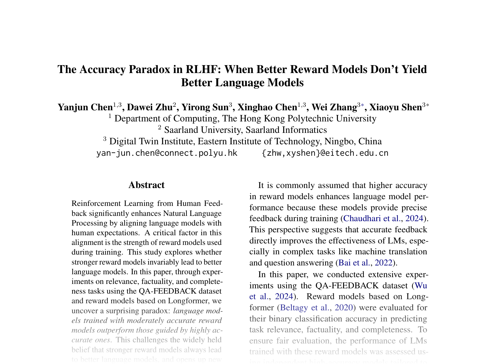 [The Accuracy Paradox in RLHF: When Better Reward Models Don’t Yield Better Language Models 🔗](https://aclanthology.org/2024.emnlp-main.174.pdf)