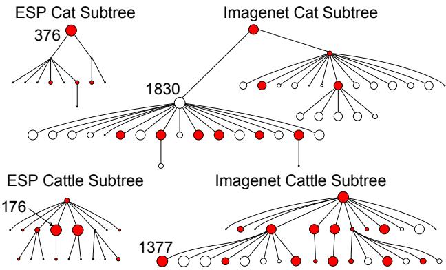A comparison of the ‘cat’ and ‘cattle’ subtrees in the ESP dataset versus ImageNet. ImageNet’s trees are visibly larger and more densely branched, with many more sub-categories and images.