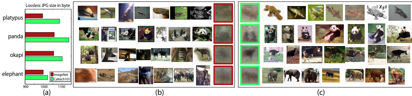 A comparison of image diversity between ImageNet and Caltech101. The bar chart shows that ImageNet averages have smaller file sizes, and the examples visually confirm greater diversity.