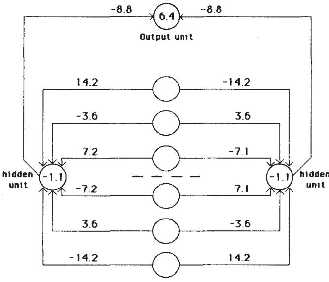 Figure 1: A network trained with backpropagation to detect mirror symmetry. The weights and biases reveal a clever strategy where symmetric patterns cancel each other out.