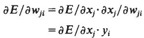 The derivative of the error with respect to a weight w_ji is the product of the error at the unit’s input and the output y_i of the unit sending the signal.