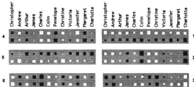 Figure 4: A visualization of the weights from the input units (people) to six hidden units. The patterns show that the units have learned to represent abstract features.