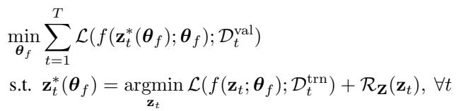 MetaNCoV 的双层优化目标: 外层学习变换 f，内层为每个任务寻找最优潜变量。