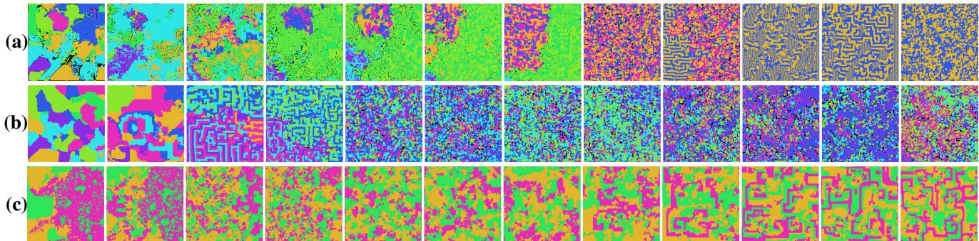一系列 PD-NCA 模拟帧。(a) 展示了暗示共生的结构化配对;(b) 描绘了几个 NCA 之间稳定的持续竞争;(c) 展现了遍布网格的螺旋波模式。