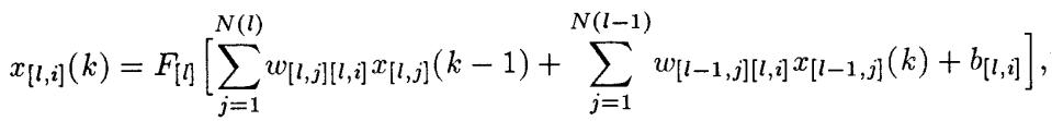 The governing equation for a neuron in the RMLP. It shows the neuron’s output is an activation function applied to the sum of recurrent inputs from the same layer, feedforward inputs from the previous layer, and a bias term.
