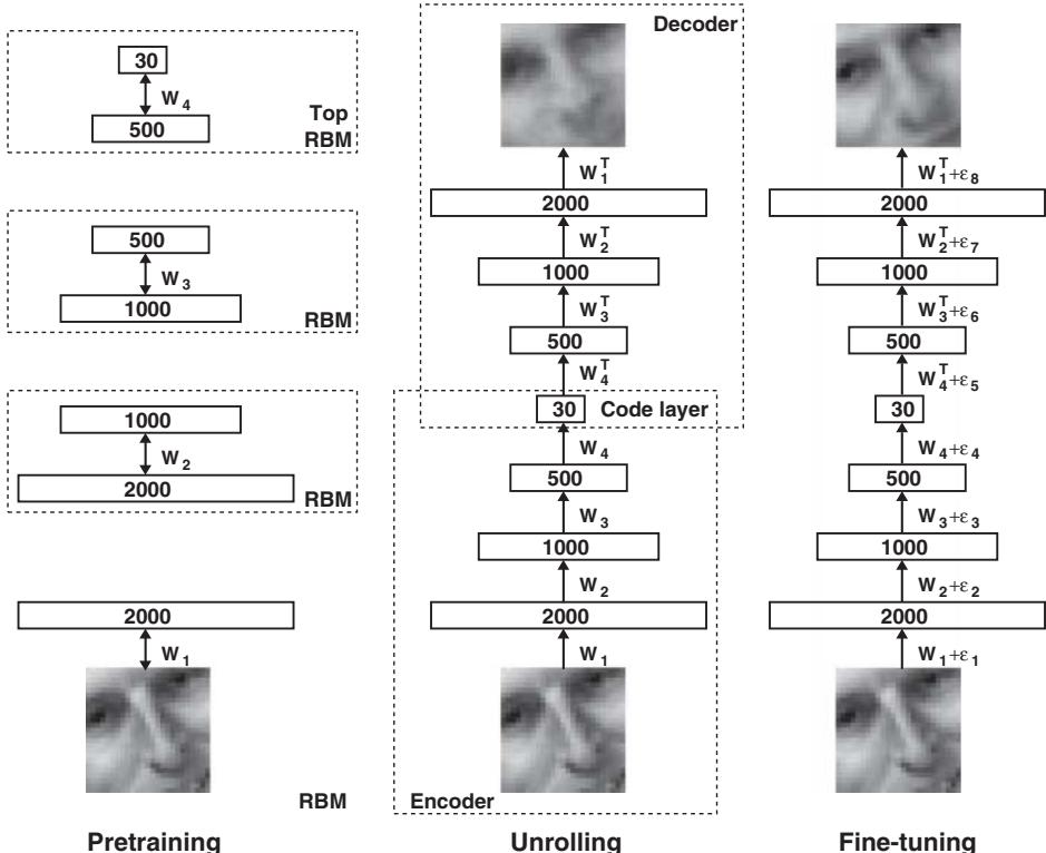 Diagram of a deep autoencoder with layer-wise RBM pretraining, encoder, and symmetric decoder.