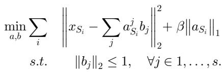 Optimization problem for learning basis vectors \\(b\\) from source data \\(x_S\\).