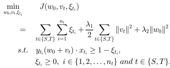 Objective function for multitask SVM learning with common and specific parameters.